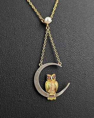 Antique Owl And Crescent Moon Pendant Necklace Platinum And 15ct Gold • $1445.44
