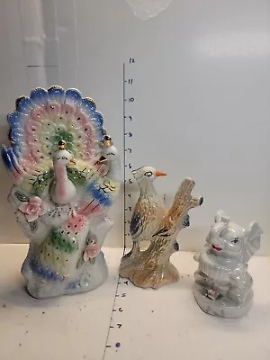$34.99 • Buy Vintage Ceramic Animal Lot Peacock Woodpecker Elephant Lustreware