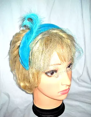 VINTAGE HAT HEADBAND AQUA VELVET WITH FEATHER & VEIL FREE SHIP Women Ladies • $9.99