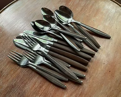 Vintage Silverware Cutlery Set 19 Pieces Brown Wood Inlaid Handle Marked Japan • $44.95