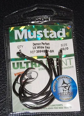 5 Mustad 39948NPBN-100 Ultra Point Size 10/0 Demon Wide Gap Circle Hooks  • $9.99