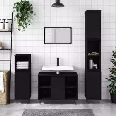  Black Bathroom Cabinet Made Of Engineered Wood- Modern Bathroom Storage Q1O5 • £68.71