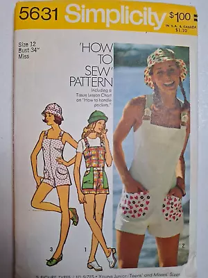 Jumpsuit Shorts Bibs Hat 12 Simplicity 5631 Sewing Pattern Cut VTG Shortalls • $11.50