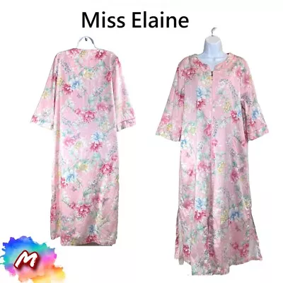 NWD Miss Elaine M Cotton Tropical Floral Long Robe Woven Peonies On Pink 867701 • $20.99