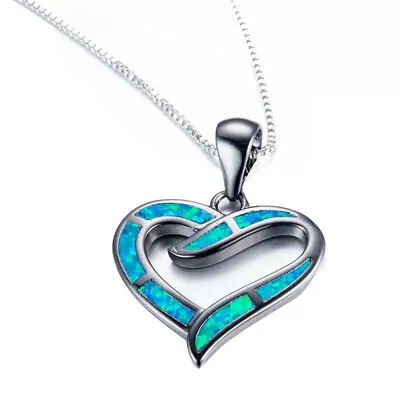 Women's Pretty Heart Simulated Opal Silver Pendant Chain Necklace Jewelry • $0.71