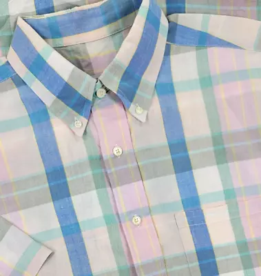 Vtg 90s Brooks Brothers Shirt Men’s Pastel Short Sleeve Woven Button Up Madras • $39.97