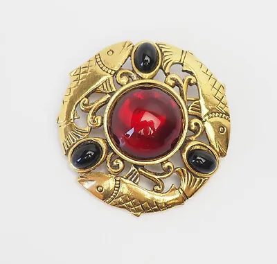 Vintage Gold Tone Metal Red Cabochons Round Fish Pin Vatican Library Collection • $24