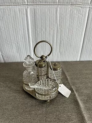 Vintage 1920's Clear Crystal Glass Condiment Set With Silver-plate Caddy • $45