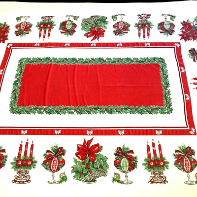 $34.99 • Buy VTG 1960s MCM Christmas Tablecloth Large Rectangular Poinsettia Ornaments Holly
