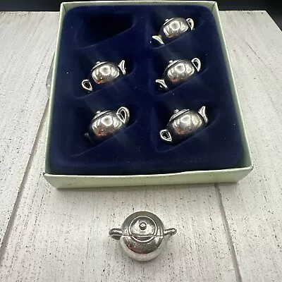 VTG Set Of 6 Miniature Tea Pot Place Card Holders Business Card 3/4  Silvertone • $8.49