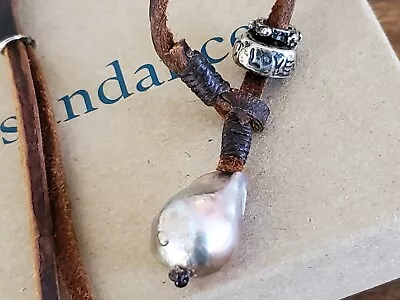 NEW Sundance JES MAHARRY Peacock Pearl Leather Sterling Silver Lariat Necklace • $239