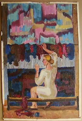 Ukrainian Soviet USSR Oil Painting Postimpressionism Female Figure Girl Weaver • £160.64