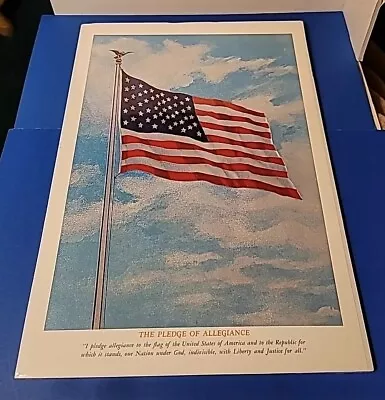 Vtg Mid Cent PLEDGE OF ALLEGIANCE American Flag On Pole Lithograph Classroom #2 • $19.99