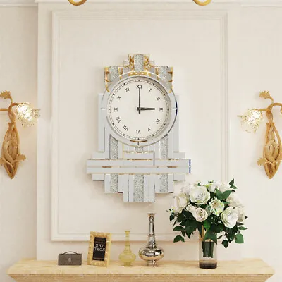 23.6'' Mirrored Wall Clock Modern Crystal Crush Diamond Silver Glass Home Decor • $105.90