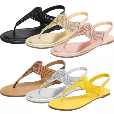 Women Flat Sandals Elastic Strappy Thong Ankle Strap Gladiator Sandals • $20.99