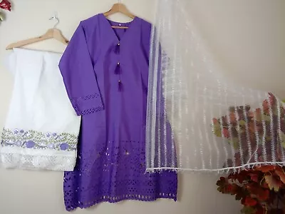 £20 • Buy Pakistani Indian Stitched Cotton 3pc Suit LASER CUT Frock & Embroidered Trouser