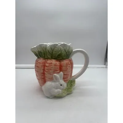 Ceramic Pitcher Jug With Carrots And White Bunny Rabbit Easter Decor • $28