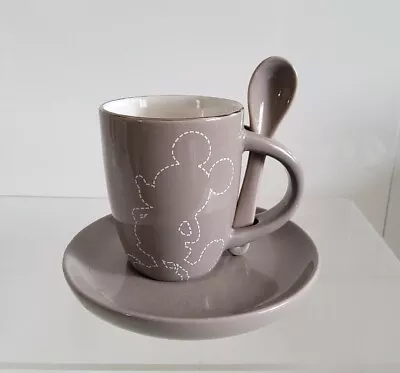 Official Disneyland Paris Mickey Mouse Silhouette Small Grey Cup Saucer & Spoon • £7.99