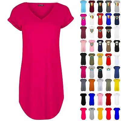 £4.49 • Buy Womens Ladies Oversized Plain Turn Up Sleeve Curved Hem Tunic Mini T-Shirt Dress
