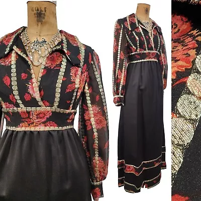 Vtg 70s Dress Prom Sz S Metallic Floral Polka Dot Long Sleeve Maxi Dress New • $89.99