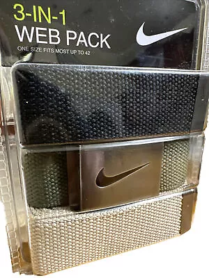 Nike Golf Men's 3 In 1 Web Pack Belts Fits Most Up To 42” Waist Blk/Green/Khaki • $14.99