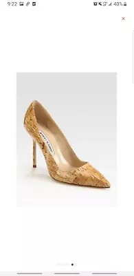 Manolo Blahnik 36 Nude Wood  Shiny Cork Pointy Heel Wedding Party Pumps • $110