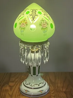 Czech Moser Bohemian White Cased Cut To Green Crystal Prisms Floral Lamp 17” • $249.99