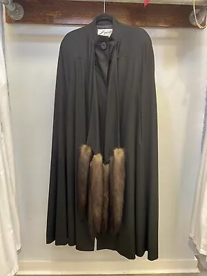 Vintage Long Black Wool Cape W/ Fur Animal Tail Tassels Vintage Coat / Cape • $120