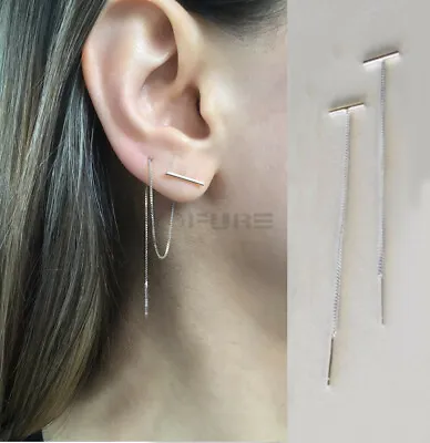 £4.99 • Buy Hypoallergenic Silver Double Piercing Long Chain Dangle Bar Threader Earrings