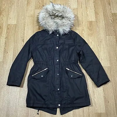 Mint Velvet Navy Parka Jacket Coat Size UK 14 Double Zip Up Faux Fur Hood Used • £42.77