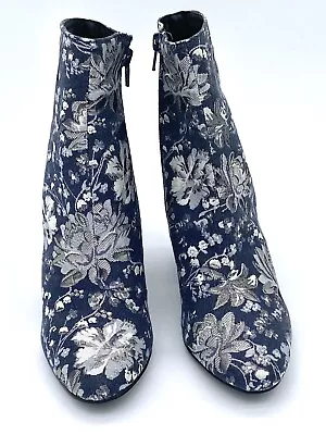 Women’s Merona Arie Blue Metallic Silver Floral Brocade Ankle Booties Sz 7.5 • $19