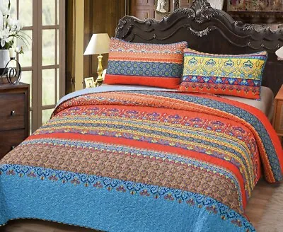 Bohemian Queen Quilt Set -Colorful Striped Bedspread Coverlet Set (92 X96 ) • $47.99