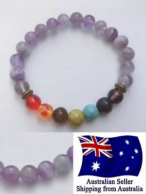 New Chakra Bracelet Healing Lava Stone 7 Bead With 8mm Light Purple Bead 1pc • $5.95