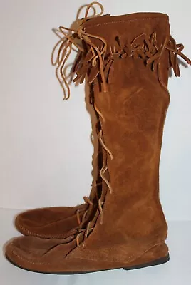 Men's~MINNETONKA MOCASSINS~Tall~BROWN~Suede LEATHER~Boots~FRINGE~Lace Up~Size 11 • $45