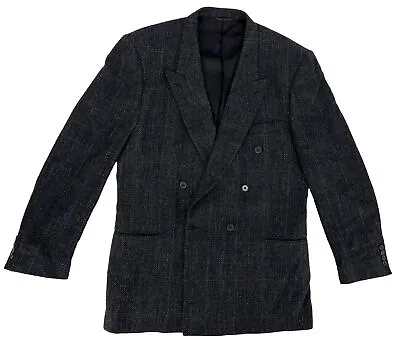 Vintage Oscar De La Renta Double Breasted Wool Tweed Sport Coat Blazer Black 46L • $55