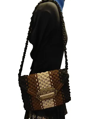 Macrame Boho Purse Bag Shoulder Crochet Handbag Purse Brown Black Bag Retro 70s • $23.69