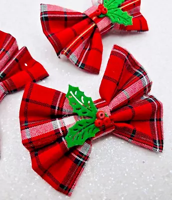 Christmas Holly Cotton Hair Bow/clip Handmade Red  Gift Santa Tartan • £2.75