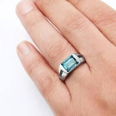 2Ct Emerald Cut Lab-Created Aquamarine Men's Wedding Ring 14K White Gold Plated • $100.79