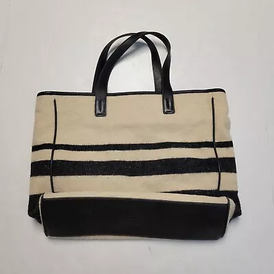 COACH Wool Tote Bag Cream Black Striped Shoulder Leather Handles H94 6142 • $110