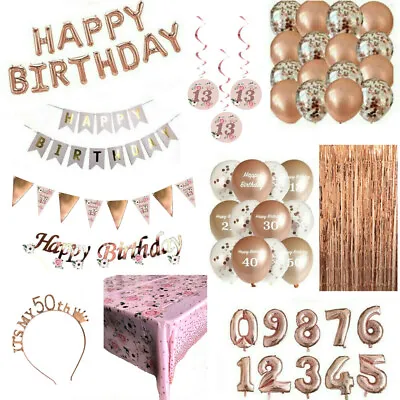 Rose Gold Happy Birthday Bunting Banner Decorations Balloons Foil Girls Women • £4.99