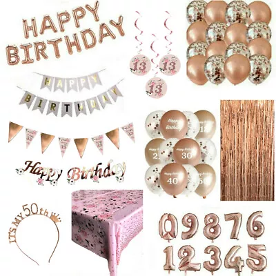 Rose Gold Happy Birthday Bunting Banner Decorations Balloons Foil Girls Women • £2.99