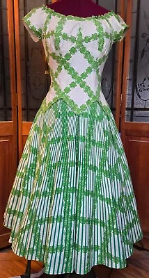 VTG 50s ALIX Of MIAMI Green Floral Stripe Fit N Flare Cocktail Prom Dress Sze 12 • $235