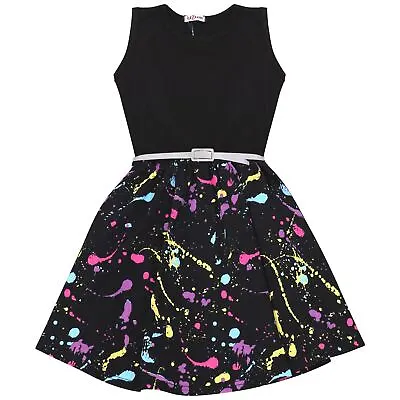 £7.99 • Buy Kids Girls Panel Skater Dress Pastel Splash Print Fashion Party Dance Dresses