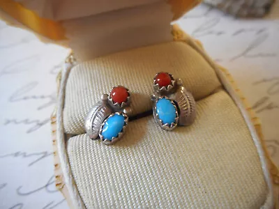 Vintage Sterling Silver Southwest Turquoise Coral Stud Earrings  RE40R7 • $41