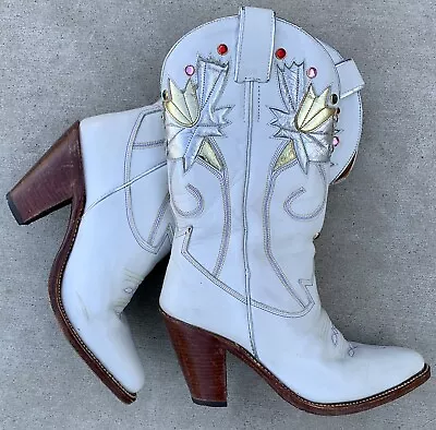 Vintage Cowboy Boots White Leather Silver Gold Colorful Faux Gems Mora Size 5.5 • $295