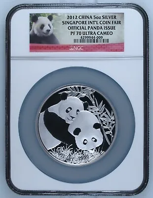 2012 5 Oz CHINA PANDA 5 Oz SILVER SINGAPORE INT'L COIN FAIR PF70UC ONLY 6 GRADED • $1295