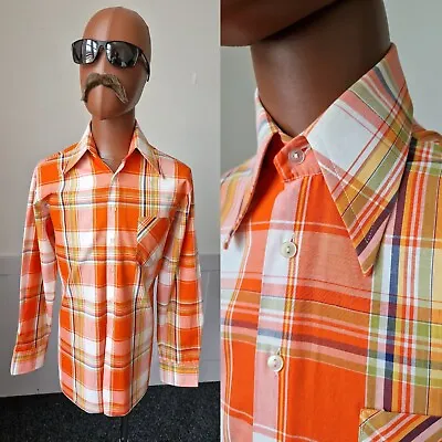 Vintage 70s Dagger Collar Shirt | Medium | Orange Check Mod Disco ZE71 • £23