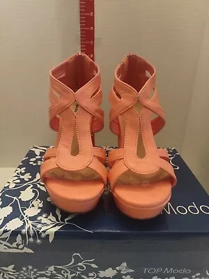 TOP Moda Strappy Wedge Hells Peach Pink 8 High Heels Sandals With Box • $14.95