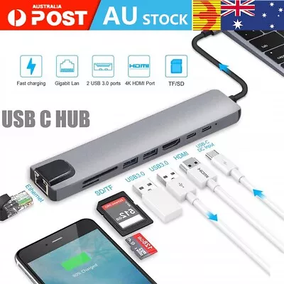 8in1 USB-C USB Hub Type-C PD Adapter HDMI RJ45 Ethernet SD TF OTG Port Adaptor • $10.99