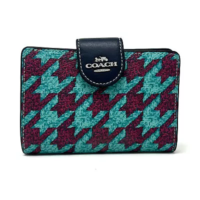 NWT Coach Medium Corner Zip Wallet With Houndstooth Print In Teal Wine CJ680 • $87.20